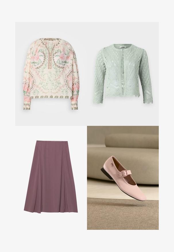 Gilet tricoté vert clair avec un motif ajouré, manches trois-quarts et ourlet en forme de vagues. Conçu avec un col rond et sans fermetures.; Blouse légère crème avec imprimé floral en rose et vert. Présente un col froncé et des accents bruns délicats. Manches longues.; Une jupe longueur genou dans une couleur mauve atténuée, fabriquée en tissu léger avec un design plissé et une texture lisse. Aucun fermoir visible.; Chaussure plate Mary Jane en cuir rose avec bout carré, bride réglable et boucle, talon noir bas, et texture lisse, flottant au-dessus d'un tapis.