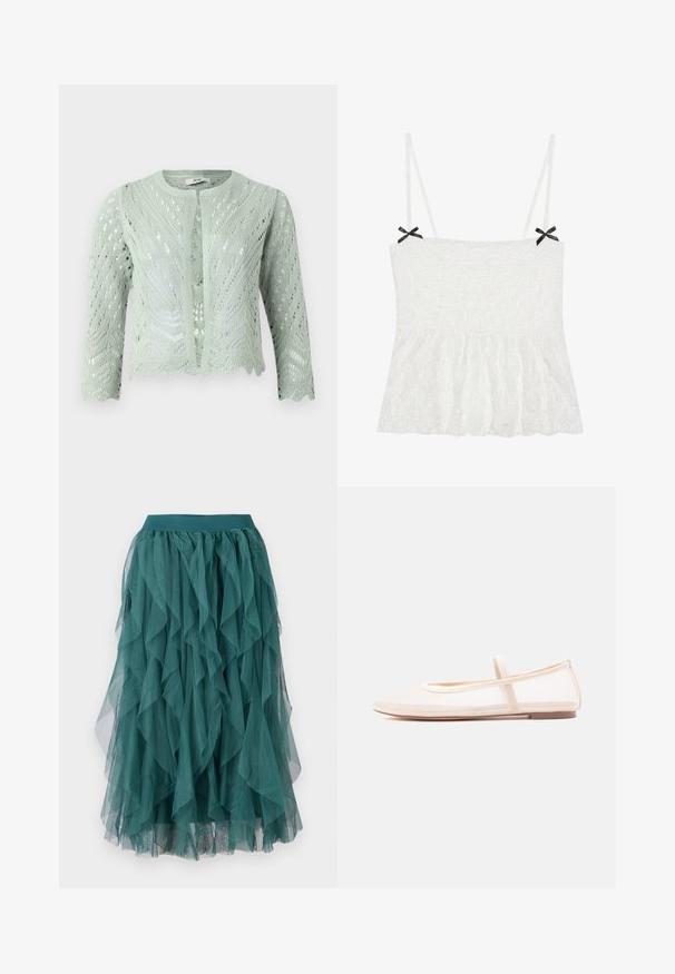 Lichtgroene gebreide cardigan met opengewerkte patroon, driekwartmouwen en golvende zoom. Ontworpen met een ronde halslijn en zonder sluitingen.; Witte kanten camisole met dunne bandjes, versierd met zwarte strikjes op de schouders en een uitlopende zoom voor een vrouwelijke uitstraling.; Teal tule rok met gelaagde ruches, voorzien van een elastische tailleband en een vloeiende textuur. De stof is lichtgewicht en transparant.; Ballerina's met een doorschijnend beige mesh bovenwerk en een satijnen bandje, voorzien van een ronde neus en een lage bruine zool. Lichtgewicht en flexibel ontwerp.