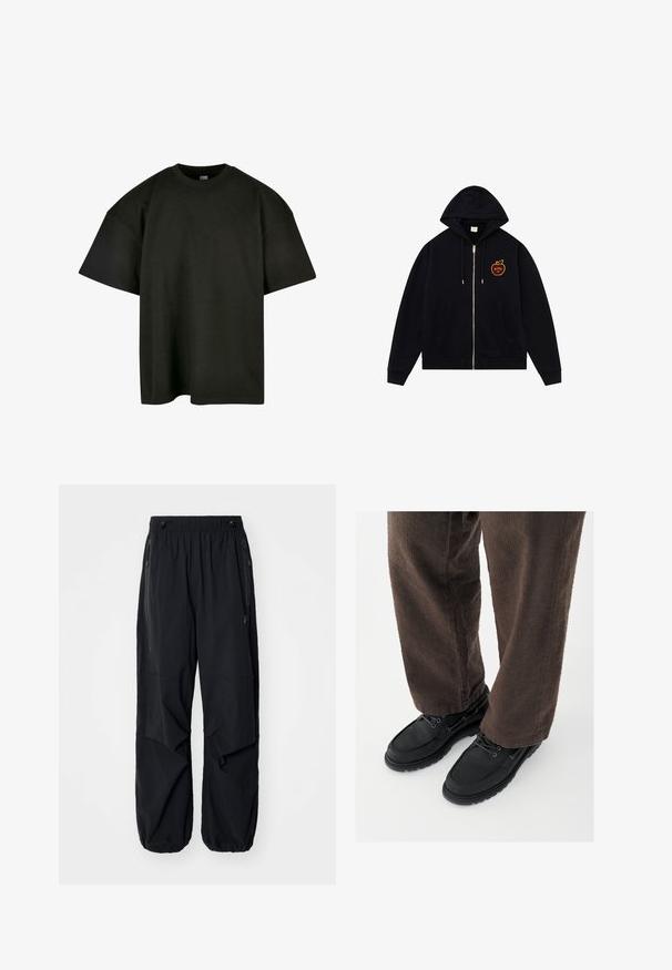 Sudadera con capucha negra con cremallera, hecha de mezcla de algodón, con un bolsillo canguro y un logo de manzana bordado en el pecho izquierdo. Capucha con cordón ajustable.; Camiseta negra de corte oversized en suave algodón. Presenta un cuello redondo y mangas cortas, con una textura suave y un diseño minimalista.; Pantalones cargo ligeros negros con cinturilla elástica, cremalleras laterales y bolsillos amplios. Presentan un corte holgado y puños ajustados.; Zapatos de cuero negro con un acabado liso, punta redondeada y diseño con cordones, combinados con pantalones marrones texturizados. Vista desde abajo.