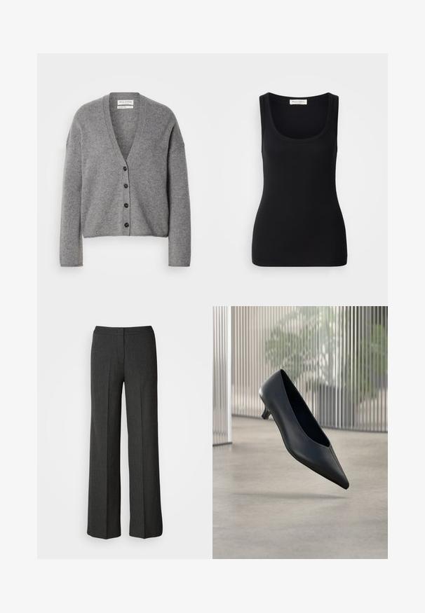 Cárdigan de mezcla de lana gris con cuello en V, mangas largas y seis botones oscuros en la parte delantera; textura suave; corte relajado.; Camiseta sin mangas negra con textura acanalada, escote redondo, tirantes anchos y diseño ajustado. Etiqueta en la parte trasera que dice "Marc O'Polo."; Pantalones de pierna ancha en gris oscuro, hechos de tejido texturizado. Cuentan con una cinturilla ajustada y un sutil patrón de rayas.; Zapato negro de tacón bajo y puntera puntiaguda que flota sobre un suelo de hormigón liso con paneles verticales translúcidos de fondo.