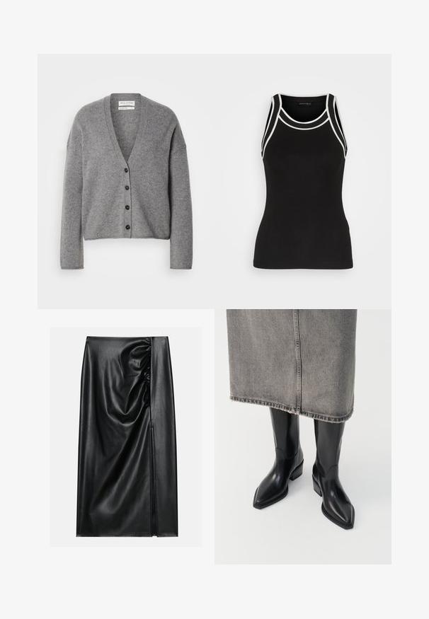 Grå uldblandingstrøje med V-udskæring, lange ærmer og seks mørke knapper foran; blød tekstur; afslappet pasform.; Sort ribbet tanktop med hvide kontrastkanter. Har en rund halsudskæring og racerback-design. Fremstillet af et strækbart stof for komfort.; Sort læderskirt med en glat overflade, der har en indsamlet sektion på den ene side og en skråning på siden for ekstra detaljer.; Sorte læder cowboy støvler med spids tå og kraftig hæl, der har en glat finish og slankt design, parret med en grå nederdel.