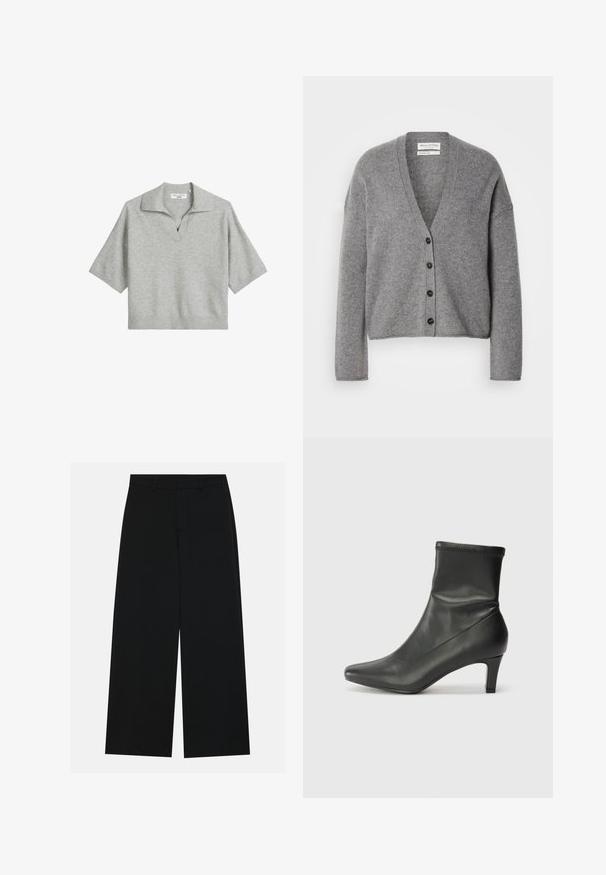 Cárdigan de mezcla de lana gris con cuello en V, mangas largas y seis botones oscuros en la parte delantera; textura suave; corte relajado.; Polo de manga corta en gris claro con cuello en V y dobladillo acanalado. Fabricado en tejido de punto, presenta un cuello estructurado.; Pantalones negros de pierna ancha hechos de una tela suave. Presentan una cintura plana con pasadores de cinturón y sin bolsillos visibles. Diseño sencillo.; Botín negro de cuero hasta el tobillo con punta afilada y un tacón de 6 cm. La parte superior tiene una textura suave con un diseño ajustado y costuras sutiles.
