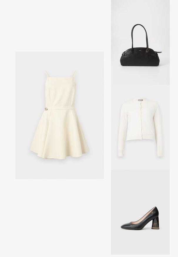 Cardigan blanc à manches longues en maille avec fermeture par boutons et poignets et ourlet côtelés, présentant un motif texturé subtil.; Robe sans manches couleur crème avec fines bretelles, encolure carrée, taille ajustée avec une petite ceinture et jupe évasée.; Escarpin en cuir noir avec bout pointu, talon bloc arborant un motif écaille de tortue et une bordure dorée, et petit logo doré près du talon.; Sac à main en cuir noir de forme arrondie, avec deux longues poignées, des éléments en métal doré et une petite étiquette accrochée. Fermeture zippée sur le dessus.