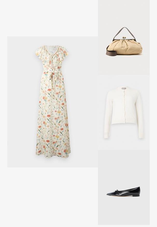 Cardigan blanc à manches longues en maille avec fermeture par boutons et poignets et ourlet côtelés, présentant un motif texturé subtil.; Robe longue crème à fleurs avec manches courtes, encolure à volants et ceinture nouée à la taille, avec des fleurs roses, orange et jaunes et des feuilles vertes.; Chaussure plate en cuir verni noir avec un bout pointu, une petite lanière décorative et un petit talon carré. Texture lisse et design épuré.; Sac en tissu beige avec un design froncé, poignée en cuir marron et deux fermetures métalliques rondes en haut. Sangle marron réglable incluse.