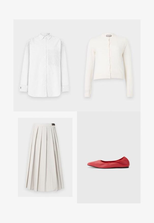 Cardigan blanc à manches longues en maille avec fermeture par boutons et poignets et ourlet côtelés, présentant un motif texturé subtil.; Chemise blanche à manches longues avec boutons, ornée de fines rayures noires verticales, poche avant asymétrique rayée, et poignets rayés.; Longue jupe blanche plissée avec une fermeture latérale à boucle, présentée à plat sur un fond blanc.; Filippa K REY FLATS - Ballerines - bright red