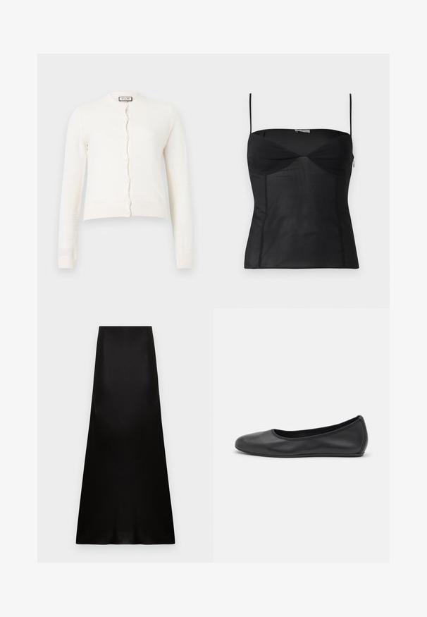 Cardigan blanc à manches longues en maille avec fermeture par boutons et poignets et ourlet côtelés, présentant un motif texturé subtil.; Haut noir ajusté sans manches avec fines bretelles, encolure en cœur et détails de coutures sur un fond blanc uni.; Jupe longue en satin noir avec taille haute et ourlet légèrement évasé sur fond blanc.; Ballerines en cuir noir avec un bout rond, texture lisse, détails de couture minimalistes et design de semelle flexible.
