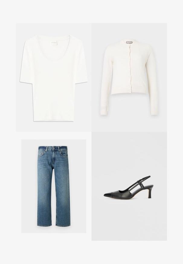 Hvid langærmet strikket cardigan med knaplukning og ribbede manchetter og kant, med et diskret tekstureret mønster.; Hvid kortærmet T-shirt med rund halsudskæring. Fremstillet af blødt bomuldsstof, har den en afslappet pasform og minimalistisk design.; Blå straight-leg jeans med knaplukning, forlommer og bæltestropper på hvid baggrund.; Sort læder slingback-sko med spids tå, der har en blank accent på tåhætten og en mellemhøj hæl. Åben sidesektion.