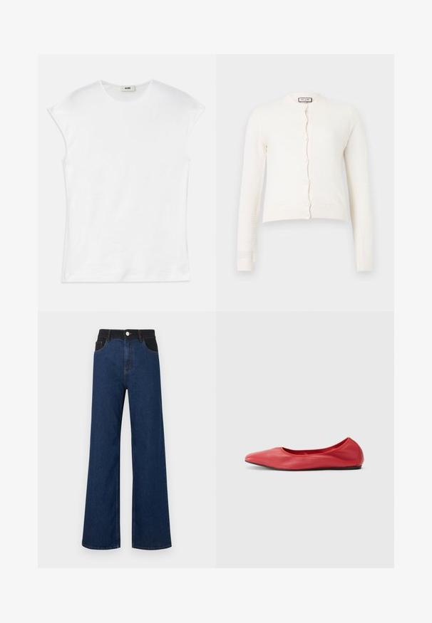 Witte, lange mouwen, gebreide vest met knoopsluiting en geribbelde manchetten en zoom, voorzien van een subtiel textuurpatroon.; Witte T-shirt met korte mouwen van katoen. Het heeft een ronde halslijn en een gladde, zachte textuur met een ontspannen pasvorm. Geen patronen of accenten.; High-waisted wijde jeans in donker en zwart denim met voorzakken, knoop en lussen voor een riem tegen een witte achtergrond.; Filippa K REY FLATS - Ballerina's - bright red