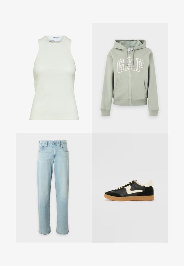 Lysegrøn hættetrøje med lynlås, forlommer, justerbar snøre i hætten og stor "GAP"-logo på brystet i hvid omrids.; Ærmeløs hvid ribbet tanktop med rund halsudskæring fra Selected Femme, viser frontvisning uden mønstre eller dekorationer.; Lyseblå jeans med lige ben, forlommer og en knaplukning i taljen på en ensfarvet hvid baggrund.; Sorte ruskinds- og lædersneakers med en cremefarvet side-swoosh og lys cremefarvet hæl. Har beige snørebånd og en gummirubber-sål.