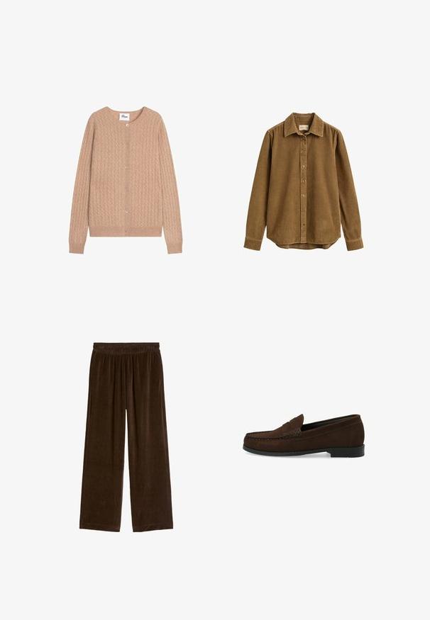 Beige Strickcardigan aus Kaschmir, mit Rundhalsausschnitt, Knöpfen auf der Vorderseite und gerippten Bündchen mit einem strukturierten Rautenmuster.; Braunes Cord-Langarmhemd mit Knopfleiste, Kragen und Manschetten, flach auf weißem Hintergrund dargestellt.; Locker sitzende dunkelbraune Cordhose mit elastischem Bund und geraden, weiten Beinen.; Braune Wildleder-Läufer mit einem genähten Mokassin-Zehen, flacher schwarzer Gummisohle und einem dekorativen Oberriemen sowie Detail.