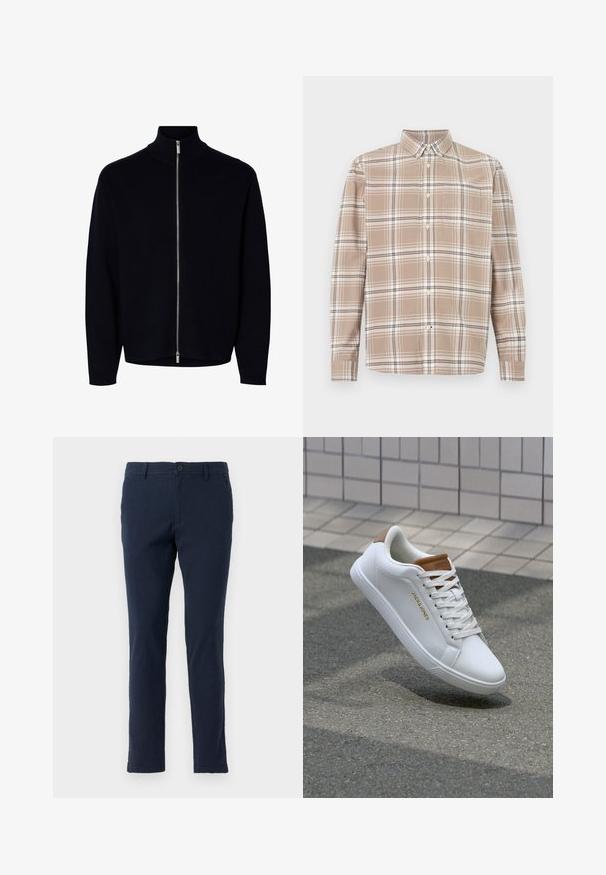 Sort langærmet lynlåstrøje med høj krave, sølvlynlås, der går fra hals til kant, enkel design, ingen synlige logoer eller mønstre.; Beige ternet skjorte med knapper, lange ærmer, knappet krave og brystlomme på hvid baggrund.; Marineblå bomulds-chinoer med slim fit, der har knap- og lynlås-lukning, bæltestropper og for- samt baglommer. Glat tekstur.; Hvide lædersneakers med en glat overflade, tan-akcent på hælen, gyldent logo på siden og en gummisål med tekstureret greb.
