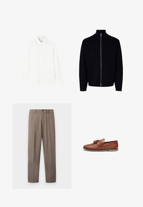 Pull noir à manches longues avec fermeture éclair, col montant, zipper argenté allant du cou à l'ourlet, design simple, sans logos ni motifs visibles.; Chemise blanche à manches longues en tissu lisse, avec une fermeture à boutons sur le devant, un col classique et un ourlet droit avec des côtés arrondis.; Pantalons en tissu marron clair avec une texture lisse, présentant une coupe droite, des plis à l'avant et une fermeture par bouton à la taille.; Mocassins en cuir marron avec des détails tissés sur le dessus, une semelle plate et un accent de pompon décoratif sur le vamp.
