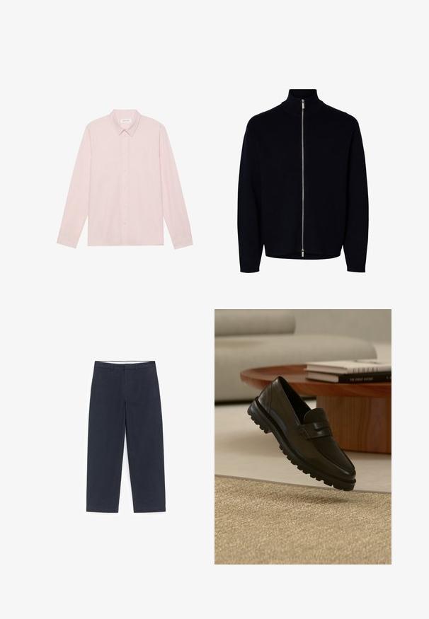 Pull noir à manches longues avec fermeture éclair, col montant, zipper argenté allant du cou à l'ourlet, design simple, sans logos ni motifs visibles.; Chemise à manches longues boutonnière rose clair avec un col pointu, fabriquée en tissu lisse, dotée d'une fermeture à boutons sur le devant et d'un design minimaliste.; Chinos bleu marine foncé en coton. Coupe droite avec taille mi-haute, dotés d'une fermeture éclair dissimulée et de passants pour ceinture. Texture lisse sans motifs.; Mocassin en cuir noir avec semelle épaisse à crampons flottant au-dessus d'un tapis beige texturé, table basse ronde en bois et livres empilés en arrière-plan.