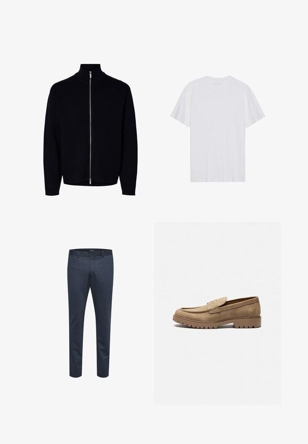 Jersey negro de manga larga con cremallera y cuello alto, cremallera plateada desde el cuello hasta el dobladillo, diseño sencillo, sin logos ni patrones visibles.; Camiseta de algodón blanca con mangas cortas, cuello redondo y una textura suave. Presenta una marca mínima en el escote.; Pantalones azul marino de tejido texturizado con corte ajustado, que cuentan con cierre de botón y trabillas para cinturón, adecuados para uso casual o formal.; Mocasines de gamuza color marrón claro con punta redondeada, suela plana de goma y costuras decorativas en la parte superior. Presentan un diseño sin cordones para poner y quitar fácilmente.
