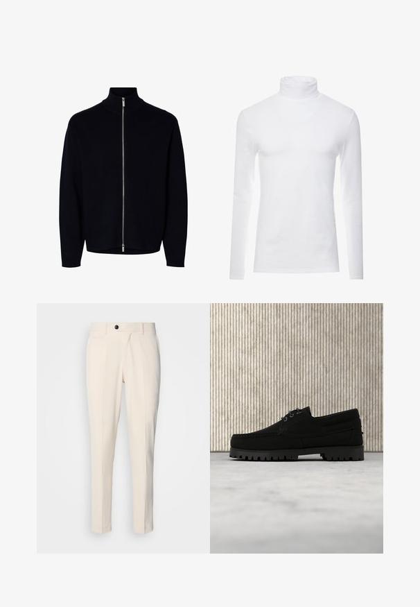 Jersey negro de manga larga con cremallera y cuello alto, cremallera plateada desde el cuello hasta el dobladillo, diseño sencillo, sin logos ni patrones visibles.; Camisa de cuello alto de manga larga blanca, hecha de un tejido suave y elástico. Presenta un diseño ajustado que proporciona una silueta estilizada.; Pantalones tailored beige con frente plano, cierre de un botón y dos bolsillos laterales en ángulo. Tejido suave con corte slim y pierna entallada.; Zapato negro de cordones con suela gruesa y acanalada flotando sobre una alfombra beige, mesa redonda moderna de color marrón en un fondo de habitación con luz suave.