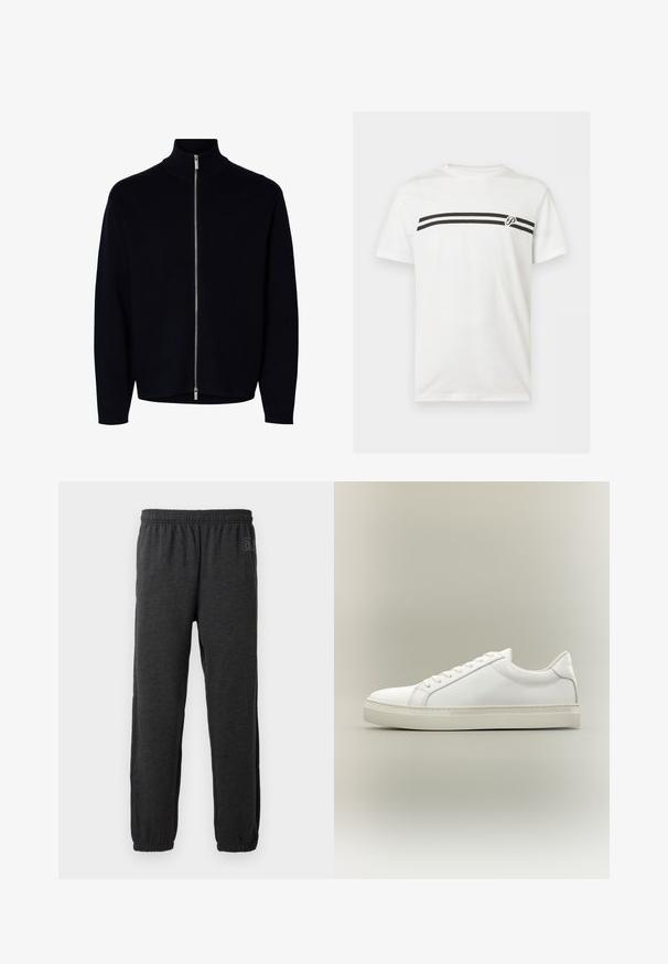Jersey negro de manga larga con cremallera y cuello alto, cremallera plateada desde el cuello hasta el dobladillo, diseño sencillo, sin logos ni patrones visibles.; Camiseta blanca de manga corta con dos franjas negras horizontales en el pecho y un pequeño logo con la letra "P" en el lado derecho.; Pantalones de chándal grises hechos de una tela suave, con una cinturilla elástica y piernas ajustadas con puños elásticos. Detalle sutil del logo en una pierna.; Zapatilla blanca de perfil bajo con cordones en la parte delantera y suela gruesa, mostrada de lado sobre un fondo neutro.
