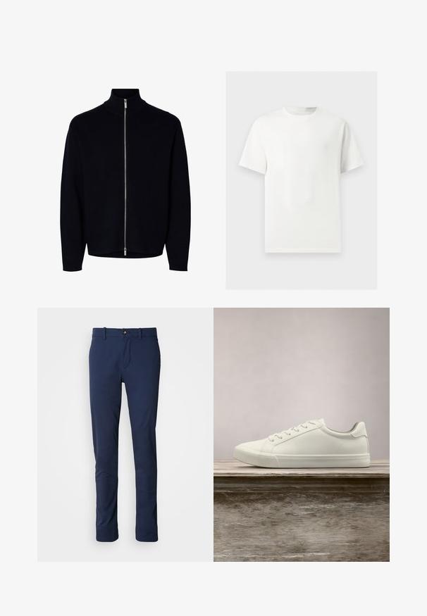 Jersey negro de manga larga con cremallera y cuello alto, cremallera plateada desde el cuello hasta el dobladillo, diseño sencillo, sin logos ni patrones visibles.; Camiseta blanca lisa de manga corta y cuello redondo mostrada sobre un fondo gris claro.; Pantalones azul marino de tela suave, con un diseño de pierna recta, cierre de cremallera y un único bolsillo frontal con cierre de botón.; Zapatilla blanca con cordones flotando sobre un banco de madera con follaje verde al fondo, mostrando el diseño y la textura del zapato.
