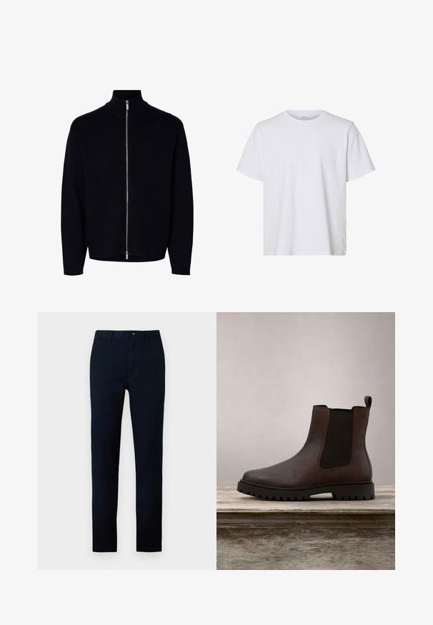 Pull noir à manches longues avec fermeture éclair, col montant, zipper argenté allant du cou à l'ourlet, design simple, sans logos ni motifs visibles.; T-shirt blanc uni à manches courtes, col rond, coupe régulière et texture de tissu lisse, présenté sur fond blanc.; Pantalon droit bleu marine foncé avec passants de ceinture, bouton à l'avant et fermeture éclair sur un fond gris clair.; Bottine en cuir marron avec des panneaux latéraux élastiqués, surface texturée, bout arrondi et semelle crantée, sur fond flou de gazon vert.