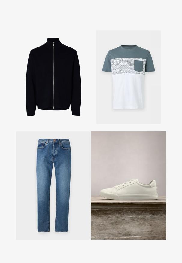 Zwart sweater met lange mouwen en rits, hoge kraag, zilveren rits van nek tot zoom, simpel ontwerp, zonder zichtbare logo's of patronen.; Heren T-shirt met korte mouwen met turkooizen bovenstuk, wit onderstuk, een bloempatroon in de middelste streep en een turkooizen borstzakje.; Lichtblauwe denim jeans met een rechte pijpdesign, vijf zakken, een knoopsluiting en subtiele vervaging aan de voorkant.; Witte vetersneaker die boven een houten bank zweeft met groene bladeren op de achtergrond, waarbij het ontwerp en de textuur van de schoen worden getoond.