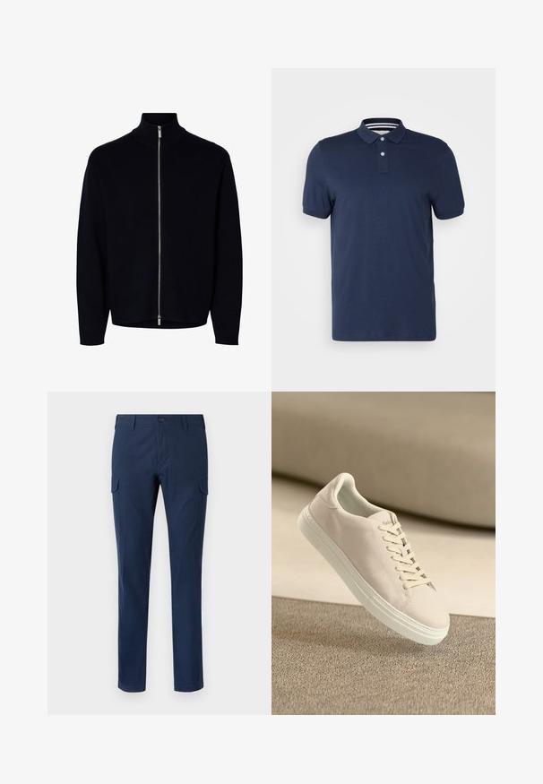 Pull noir à manches longues avec fermeture éclair, col montant, zipper argenté allant du cou à l'ourlet, design simple, sans logos ni motifs visibles.; Polo bleu marine en coton doux, avec un col, une patte de boutonnage à deux boutons et des manches courtes. Détail à rayures à l'intérieur du col.; Pantalons cargo navy en coton, dotés de poches latérales, d'une fermeture à bouton, de jambes droites et d'une texture lisse.; Baskets en suède beige avec semelle et lacets blancs, présentées en suspension au-dessus d'un tapis beige texturé sur fond beige doux.