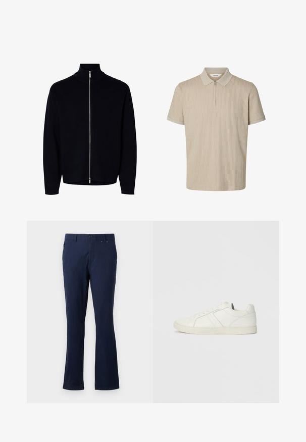Zwart sweater met lange mouwen en rits, hoge kraag, zilveren rits van nek tot zoom, simpel ontwerp, zonder zichtbare logo's of patronen.; Beige poloshirt met korte mouwen, verticale ribstructuur en een korte ritssluiting aan de voorkant onder de kraag.; Navyblauwe broek van lichtgewicht stof, met een recht model, voorzakken en een knoopsluiting in de taille.; Laag uitgesneden witte leren sneaker met vetersluiting en platte rubberen zool, gezien van de binnenkant op een effen achtergrond.