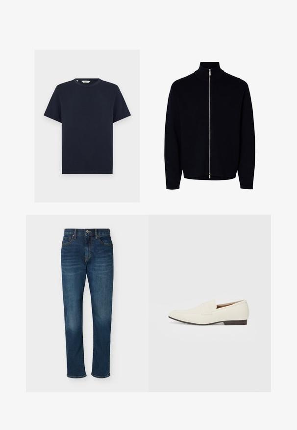 Pull noir à manches longues avec fermeture éclair, col montant, zipper argenté allant du cou à l'ourlet, design simple, sans logos ni motifs visibles.; T-shirt bleu marine à manches courtes avec col rond et ourlet droit, présenté sur fond blanc.; Jean droit bleu foncé avec poches avant, passants de ceinture, fermeture par bouton et fermeture éclair, présenté sur un fond uni.; Mocassins beige clair avec un bout pointu, en matériau lisse, une sangle sur le devant et une semelle basse marron. Design simple avec des accents minimalistes.