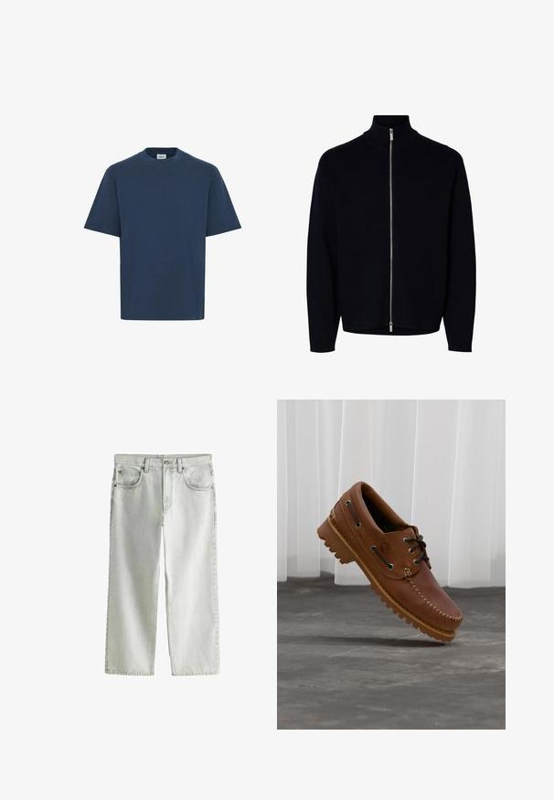 Jersey negro de manga larga con cremallera y cuello alto, cremallera plateada desde el cuello hasta el dobladillo, diseño sencillo, sin logos ni patrones visibles.; Camiseta de algodón azul marino con cuello redondo, mangas cortas y dobladillo recto. Presenta una pequeña etiqueta de la marca en la parte inferior izquierda.; Vaqueros de denim de color gris claro, de cintura alta, con perneras rectas, botón y cremallera frontal, trabillas para cinturón y diseño de cinco bolsillos.; Zapato náutico de cuero marrón con cordones negros, costuras beige y una suela resistente, suspendido sobre un suelo de hormigón gris.