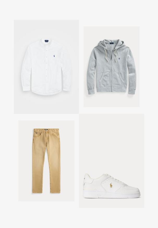 Lysegrå lynlåshoodie med snore, frontlommer og lille mørkeblå Polo Ralph Lauren-logo på venstre bryst.; Hvid langærmet skjorte med båndkrave, knaplukning foran og et blåt logo på venstre side. Fremstillet af glat bomuldsstof.; Beige bomuldsjeans med slim fit, fem-lommes design og synlig syning. Har en metal knap og label på taljen.; Hvid lavtopet lædersneaker med hvide snørebånd og et gyldent Polo Ralph Lauren-logo på siden samt "Polo" præget på sålen.