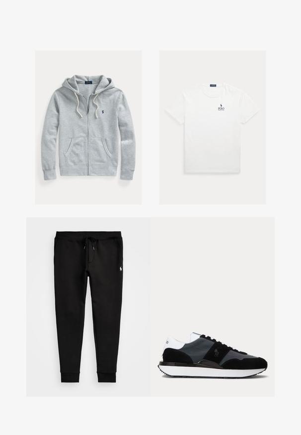 Hellgrauer Kapuzenpullover mit Reißverschluss, Kordelzügen, Fronttaschen und kleinem dunkelblauen Polo Ralph Lauren Logo auf der linken Brust.; Weißes T-Shirt mit kurzen Ärmeln und Rundhalsausschnitt, mit kleinem dunkelblauem Polo Ralph Lauren Logo auf der linken Brust.; Schwarze Sweatpants aus weichem Stoff, mit einem Kordelzugbund, eng anliegenden Bündchen und einem kleinen weißen Logo am linken Bein.; Schwarz-weißer Sneaker in niedriger Ausführung mit Wildleder- und Leder-Paneelen, weißen Schnürsenkeln und einer dicken weißen Sohle mit schwarzem Rand.