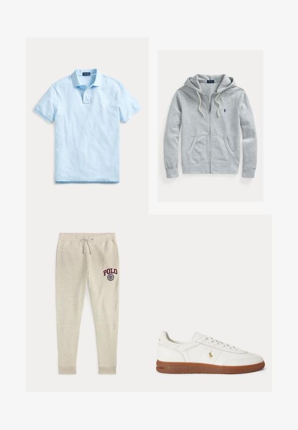 Sudadera con capucha gris claro con cremallera, cordones, bolsillos delanteros y pequeño logo de Polo Ralph Lauren en azul oscuro en el lado izquierdo del pecho.; Polo de color azul claro de manga corta, con cuello, tapeta con dos botones y logotipo bordado sutil en el pecho izquierdo.; Pantalones deportivos beige con cordón, bolsillos laterales y logo y emblema rojo "POLO" en la parte superior del muslo izquierdo.; Zapatilla blanca de caña baja con suela marrón, cordones en la parte delantera y pequeño logo dorado de Polo Ralph Lauren en el lateral.