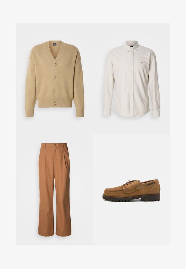 Cardigan en cachemire beige avec col en V, cinq boutons sur le devant, ourlet et poignets côtelés, et coupe décontractée. Texture douce et design léger.; Chemise beige clair à manches longues avec boutons et col pointu, ornée d'un petit logo brodé. Tissu doux avec une texture lisse et ourlet droit.; Pantalon à jambes larges en tissu marron chaud, avec fermeture à boutons sur le devant, plis subtils et coupe droite pour une tenue décontractée.; Chaussures en daim marron avec un orteil arrondi, des accents en fil contrastés et une semelle en caoutchouc texturée dotée de rainures profondes pour une meilleure adhérence.