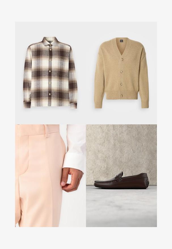 Beige cashmere cardigan med V-udskæring, fem knapper foran, ribbet kant og ærmekanter samt en afslappet pasform. Blød tekstur og letvægtsdesign.; Brun og creme ternet skjorte med lange ærmer, lavet af et blødt stof; har en spredt krave og lyse træknapper.; Lys pink skræddersyede bukser med en glat tekstur, der har en sidelomme og bæltestrop, parret med en hvid skjortemanchet.; Brune lædersandaler med en glat overflade, mokkasin-lignende syninger, hævet tå og en lav, fleksibel gummisål.