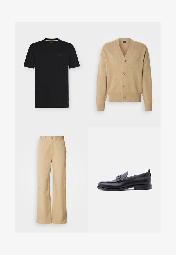 Beige cashmere cardigan med V-udskæring, fem knapper foran, ribbet kant og ærmekanter samt en afslappet pasform. Blød tekstur og letvægtsdesign.; Sort T-shirt med korte ærmer og rund hals samt et lille "BOSS"-logo på venstre bryst, vist på en ensfarvet hvid baggrund.; Beige, vidde bukser lavet af en bomuldsblanding. Har en knaplukning og bæltestropper. Glat tekstur med minimale syninger.; Sort lædermokasin med grå tekstureret forfod, sølvfarvet metalspænde, lav hæl og trækflap bagpå.