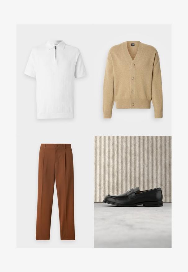 Beige cashmere cardigan med V-udskæring, fem knapper foran, ribbet kant og ærmekanter samt en afslappet pasform. Blød tekstur og letvægtsdesign.; Hvid kortærmet polo shirt med et struktureret strik, der har en lynlås krave og ribbet kant. Rent design velegnet til afslappet brug.; Brune bukser med en glat, mat tekstur, der har en folder foran og lige ben. Lavet af letvægts, åndbart stof.; Sort læderloafer med metalbrandskilt hvilende nær et brunt rundt bord på beige tæppe.