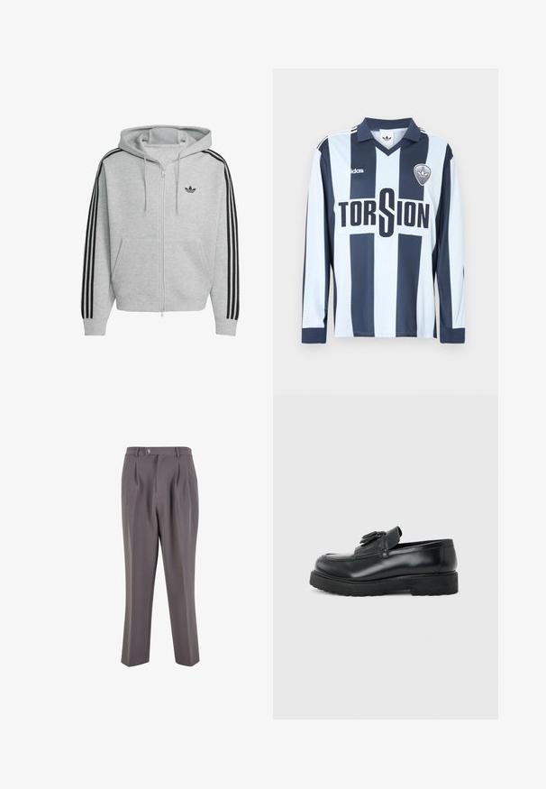 Sudadera gris con cremallera y diseño de tres rayas negras en las mangas, bolsillos tipo canguro y capucha con cordón. Presenta un logo de la marca en el pecho.; Camiseta de fútbol de manga larga con rayas verticales en azul claro y azul oscuro, cuello con solapas y gráfico "TORSION" en negrita negra.; Pantalones grises con plisados, fabricados en un tejido suave, que presentan un diseño de pierna recta, un cierre de un solo botón y bolsillos laterales inclinados.; Mocasín de cuero negro con borlas, suela de caucho gruesa y tacón bajo, mostrado de perfil sobre un fondo liso.