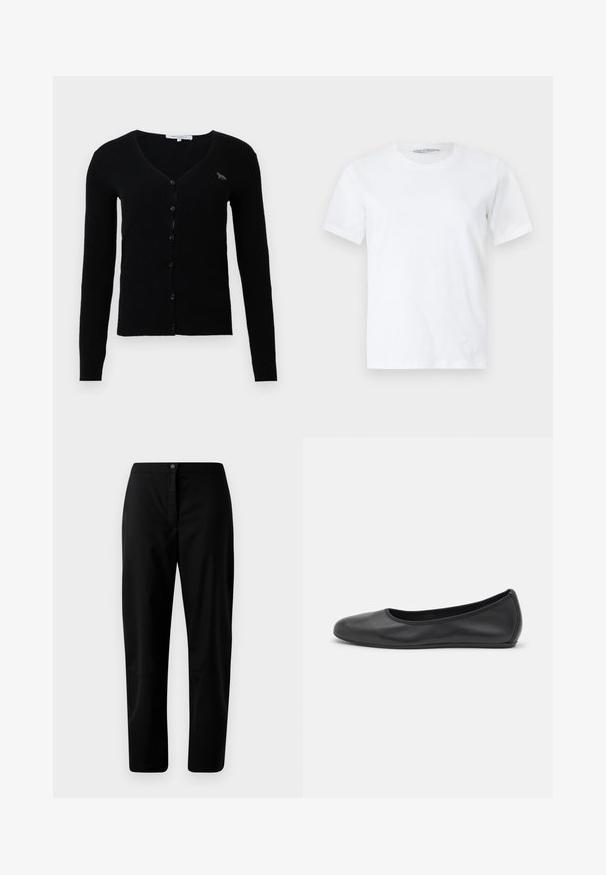 Sort ribbet langærmet cardigan med V-hals, frontknapper og lille ræv logo på venstre bryst.; Ren hvid kortærmet rundhalset t-shirt lagt fladt på en lys baggrund, der viser forfra med et lille synligt mærkelabel inde i kraven.; Sorte lige bukser med knap- og lynlåslukning, glat stof og minimal detaljering mod en ensfarvet lyse baggrund.; Sort læderballetsko med rund tå, glat tekstur, minimal syning og et fleksibelt såldesign.