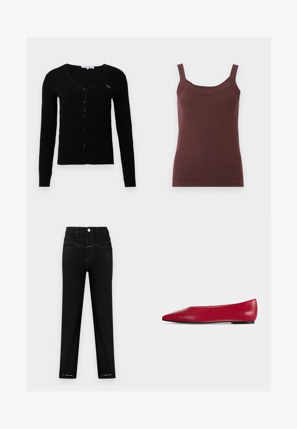 Cardigan noir en maille côtelée à manches longues avec décolleté en V, boutons sur le devant et petit logo de renard sur la poitrine gauche.; Débardeur brun côtelé sans manches avec encolure carrée et logo brodé discret au centre devant.; Pantalon noir taille haute à jambes droites avec fermeture par bouton, poches avant, surpiqûres contrastantes et petit texte blanc « Pedal Pusher » à l'ourlet.; Chaussure plate en cuir rouge à bout pointu, semelle noire et petit talon, vue de profil sur un fond clair uni.