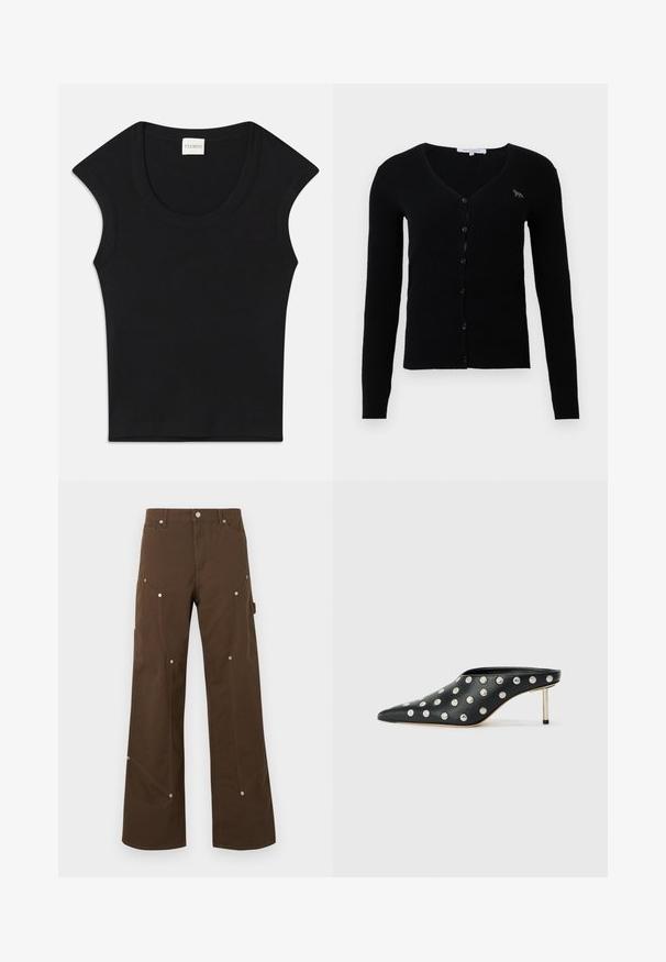 Cardigan noir en maille côtelée à manches longues avec décolleté en V, boutons sur le devant et petit logo de renard sur la poitrine gauche.; Haut sans manches noir en tissu doux avec un col arrondi et une coupe ajustée. Présente une étiquette portant la mention "CLOSED" au niveau du cou.; Pantalon droit marron avec poches avant et latérales, rivets argentés, passants de ceinture et fermeture par bouton sur fond blanc.; STAND STUDIO KELSEY - Mules à talons - black