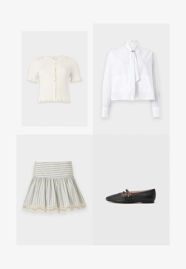 Cardigan blanc côtelé à manches courtes avec encolure ronde, boutonnage devant et bords froncés sur les manches et l’ourlet.; Blouse blanche en tissu léger avec un motif à rayures texturées, dotée de manches longues, d'un col haut et d'un détail de nœud.; Jupe blanche à rayures verticales bleu clair, taille froncée et détail d’ourlet festonné en dentelle.; Chaussures plates en cuir noir avec un bout pointu, dotées de deux brides noires avec des accents en métal doré. Texture lisse et talon bas.