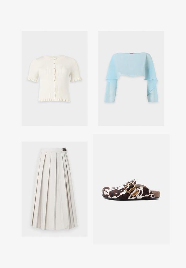 Cardigan blanc côtelé à manches courtes avec encolure ronde, boutonnage devant et bords froncés sur les manches et l’ourlet.; Top court bleu clair, transparent, à manches longues avec un large décolleté et un tissu fluide sur fond blanc.; Longue jupe blanche plissée avec une fermeture latérale à boucle, présentée à plat sur un fond blanc.; Sabot à enfiler avec imprimé vache marron et blanc, grande boucle dorée et semelle en liège.