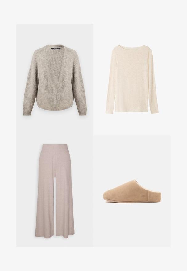 Beige uld cardigan med dyb V-udskæring, ribbet tekstur, brede ærmer og cropped kant. Blødt, varmt materiale med et subtilt mønster.; Langærmet, lysebeige striktop med bådudskæring og subtil meleret tekstur.; Lys grå bredbenede bukser lavet af blødt ribbet stof, med høj talje og fuldlængde ben med subtil tekstur.; Beige ruskind slip-on tøfler med blødt for og flad sål, lukket tå, åben bag, og diskret "UGG" logo på siden.