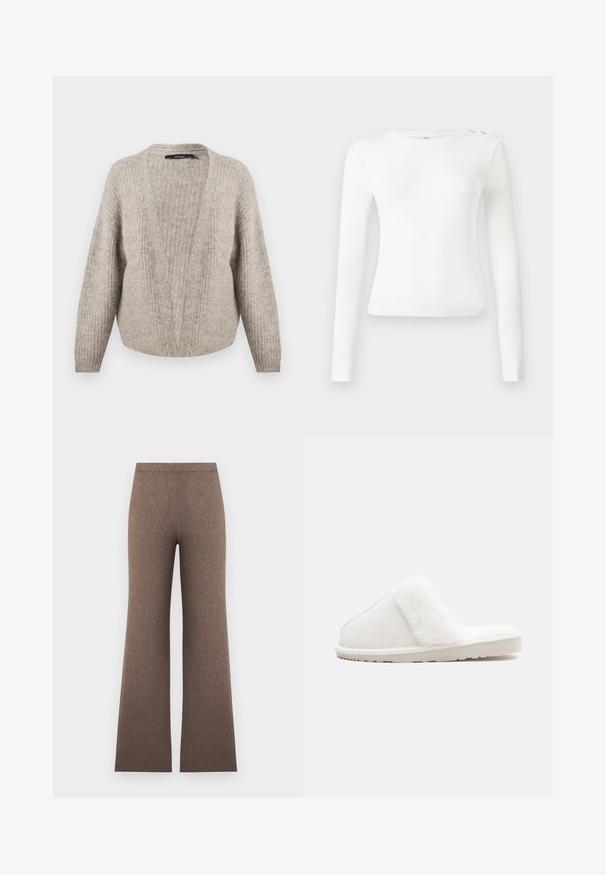 Beige Wollpullover mit tiefem V-Ausschnitt, gerippter Textur, weiten Ärmeln und gekürztem Saum. Weiches, warmes Material mit einem dezenten Muster.; Langärmliges weißes Oberteil mit gerippter Textur, Rundhalsausschnitt und drei dekorativen Knöpfen an der linken Schulter. Glatter Stoff, taillierte Passform.; Hoch taillierte braune Strickhose mit weitem Bein und einem gerippten elastischen Bund, flach auf hellem Hintergrund dargestellt.; Weißer Hausschuh mit einem weichen Kunstfellband, Filzoberteil, gepolsterter Sohle und einer strukturierten Gummisohle für rutschfesten Halt. Einfaches, rundes Design.