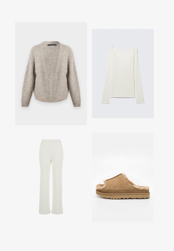 Cardigan en laine beige avec un décolleté en V profond, texture côtelée, manches larges et ourlet court. Matière douce et chaude avec un motif subtil.; Haut blanc à manches longues ajustées avec un profond décolleté en V et des manches légèrement évasées, présenté sur un fond gris clair uni.; Pantalons en tricot côtelé crème avec un design évasé. Présente une large taille élastique et des rayures verticales pour ajouter de la texture.; Chausson beige en daim à enfiler avec doublure en polaire pelucheuse et semelle en caoutchouc, présentant un logo UGG sur le côté, sur fond blanc uni.