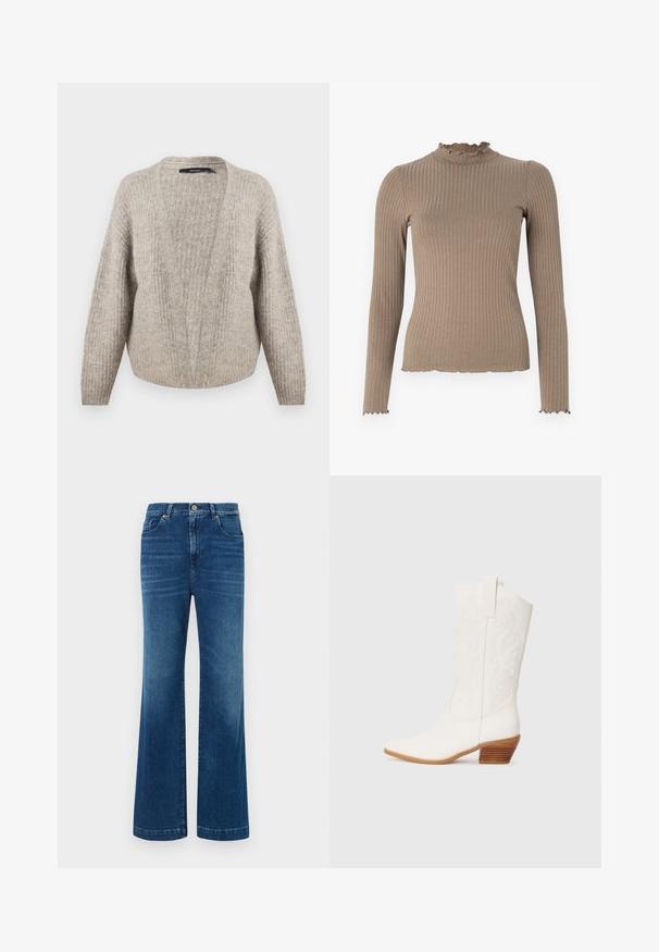 Cárdigan de lana beige con un profundo escote en V, textura acanalada, mangas anchas y un dobladillo corto. Material suave y cálido con un patrón sutil.; Jersey de punto en tono topo con mangas largas, cuello alto y bordes fruncidos en el cuello, puños y bajo.; Jeans de mezclilla azul de pierna ancha con una cintura alta, cinco bolsillos y un cierre de botón clásico. La tela tiene una textura suave y ligeramente deslavada.; Botines blancos de estilo occidental con punta afilada, tela texturizada, diseño bordado y tacón de madera apilada.