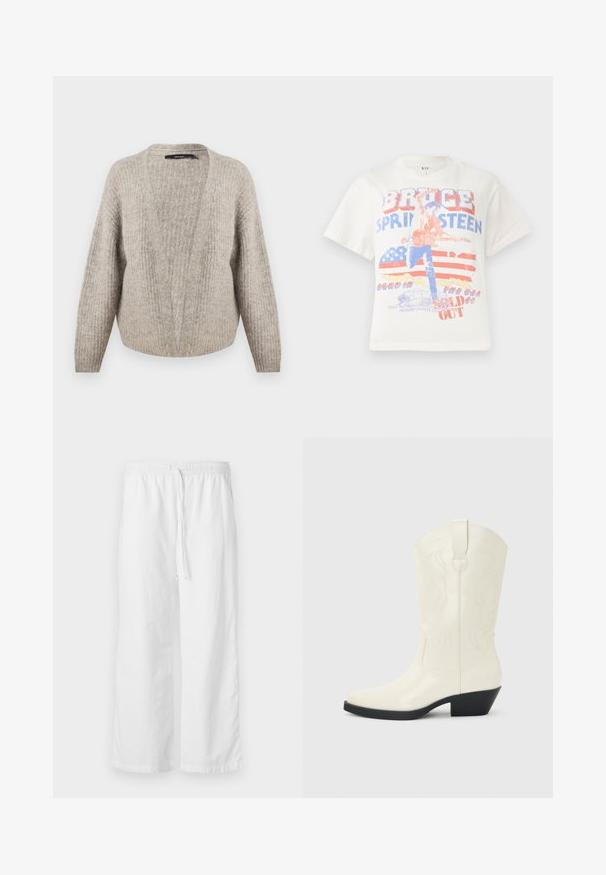Beige Wollpullover mit tiefem V-Ausschnitt, gerippter Textur, weiten Ärmeln und gekürztem Saum. Weiches, warmes Material mit einem dezenten Muster.; Weißes Baumwoll-T-Shirt mit einem Grafikdruck eines Gitarristen, dem Text "Bruce Springsteen" und einem Hintergrund in Rot und Blau mit der amerikanischen Flagge.; Weiße, strukturierte, weit geschnittene Hosen mit einem elastischen Bund und verstellbarem Kordelzug. Einfaches, minimalistisches Design ohne Verzierungen.; Weißer Western-Stiefel in mittlerer Wadenhöhe mit spitzer Schuhspitze, schwarzem gestapeltem Absatz, dekorativen Nähten und Zuglasche an der Schaftseite.
