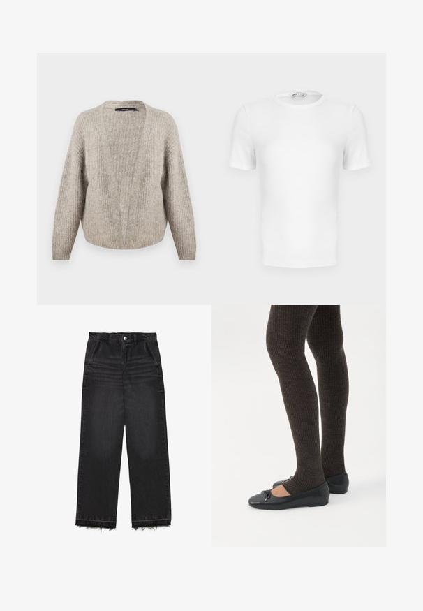 Beige wool cardigan with a deep V-neck, ribbed texture, wide sleeves, and a cropped hem. Soft, warm material with a subtle pattern.; White short-sleeve ribbed crew-neck T-shirt with a fitted cut and a small brand label inside the collar.; Black denim trousers with a straight leg design. Features a high waist, frayed hem, and subtle faded texture throughout. Front pockets included.; Legs wearing dark ribbed leggings paired with black ballet flats featuring small bow details on a white background.