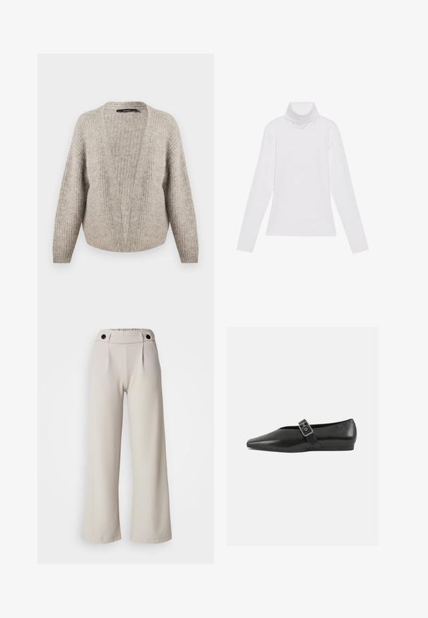 Beige uld cardigan med dyb V-udskæring, ribbet tekstur, brede ærmer og cropped kant. Blødt, varmt materiale med et subtilt mønster.; Hvid langærmet turtle-neck top lavet af glat, strækbart stof. Har en høj krave og tætsiddende design, uden synlige mønstre eller udsmykninger.; Plisserede bukser med vidde i lys beige stof med en glat tekstur, der har en samlet talje og to sorte knapper i taljen.; Sorte læder flade sko med spidse tæer, prydet med en metallisk spænde over vristen og en lav, fleksibel sål.