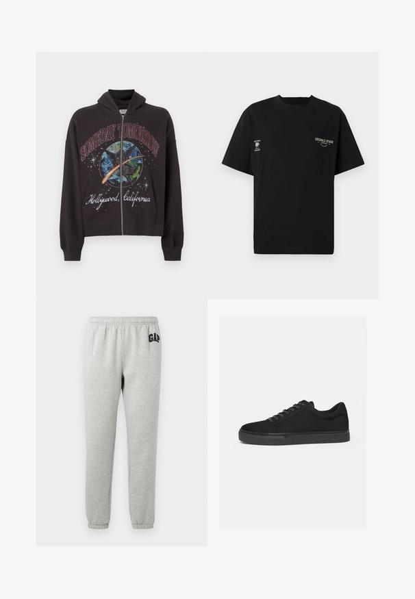 Schwarze Kapuzenjacke aus Baumwolle mit einem grafischen Design, auf dem vorne der Text "EINES TAGES MORGEN" und "Hollywood, Kalifornien" zu sehen ist.; Schwarzes T-Shirt mit kurzen Ärmeln und rundem Halsausschnitt, mit kleinen weißen gedruckten Texten und Grafiken auf der linken und rechten Brustseite.; Graue Jogginghose mit elastischem Bund, abgeklebten Knöcheln und einem dunkelblauen "GAP"-Logo auf dem linken Oberschenkel. Weicher Baumwollmischstoff.; Schwarzer Low-Top-Sneaker mit Schnürung vorne und flacher Gummisohle, seitlich auf weißem Hintergrund dargestellt.