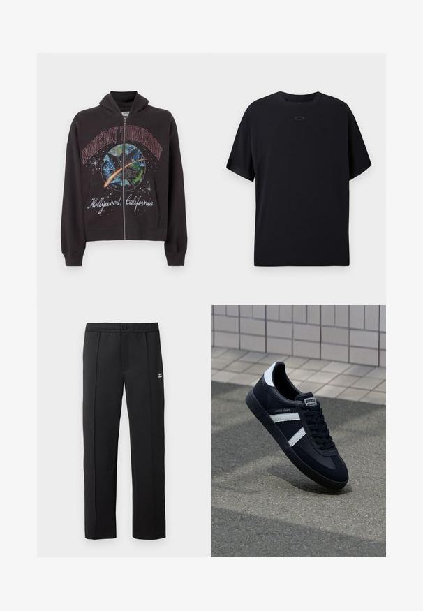 Sort zip-up hoodie lavet af bomuld, med et grafisk design med teksten "SOMEDAY TOMORROW" og "Hollywood, California" på forsiden.; Sort kortærmet T-shirt lavet af letvægtsstof, med rund hals, raglanærmer og et diskret logo på brystet.; Sorte bukser lavet af glat stof, der har en knaplukning, sidelommer og et lille logo på forsiden. Lige ben design.; Sort lædersneaker med hvide striber, tekstureret gummisål og snørrebånd foran. Har et brandet mærke på tungen.