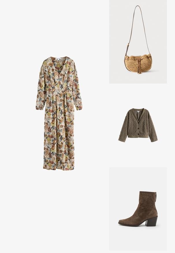Cardigan marron, texturé avec un motif en maille torsadée, encolure en V et boutons foncés. Présente des poignets et un ourlet côtelés pour le contraste.; Next REGULAR FIT - V-NECK - Robe en jersey - cream boho ditsy floral print; Bottes à chevilles en suede marron avec un bout pointu, une fermeture éclair sur le côté et un talon épais. Présente une texture lisse et des détails de couture minimalistes.; Petit sac d'épaule tressé beige avec bandoulière en cuir marron réglable et détail de lien en cuir à l'avant, suspendu sur fond blanc.